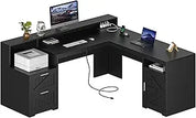 63" Farmhouse L Shaped Executive Desk with Drawers & Storage Shelf, Corner Computer Desk with Power Outlets, L Shaped Office Des