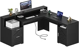 63" Farmhouse L Shaped Executive Desk with Drawers & Storage Shelf, Corner Computer Desk with Power Outlets, L Shaped Office Des