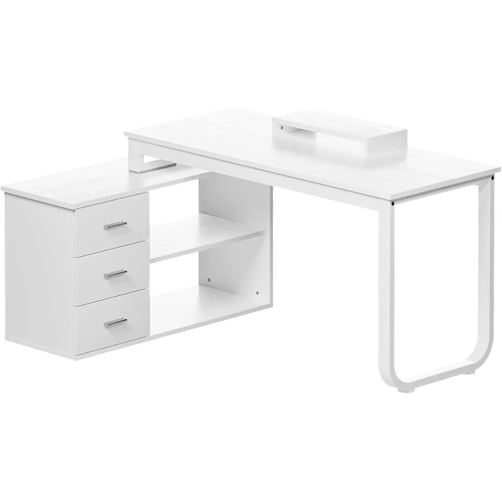 L-Shaped Desk with Drawers and Shelves, 55" Craft Desk with Storage, Removable Monitor Stand, Reversible L-Shaped Desk