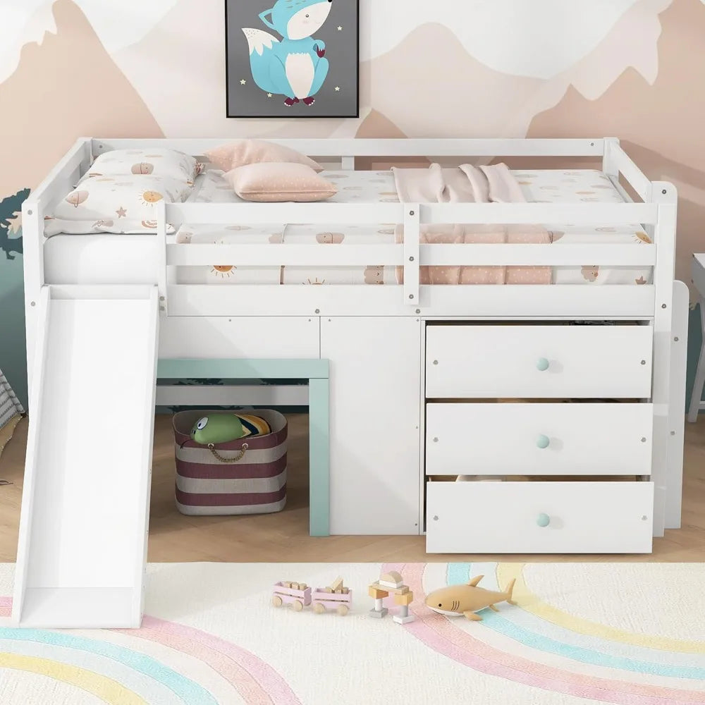 Playful Design Full Size Low Loft Bed with Slide and 3 Storage Drawers, Multiple Functions Wooden Loft Bed Frame with 2 Doors fo