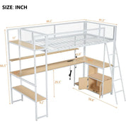Loft Bed with Desk & Storage Shelves, Twin Size Space-Saving Bed Frame with LED Lights, Charging Station, Safety Guardrails, Eas