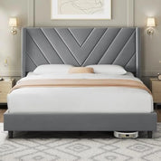 Bed Frame Upholstered Platform Bed w/Wing Side/Wooden Slat Support/Tufted Headboard w/Wing Side, No Box Spring Needed