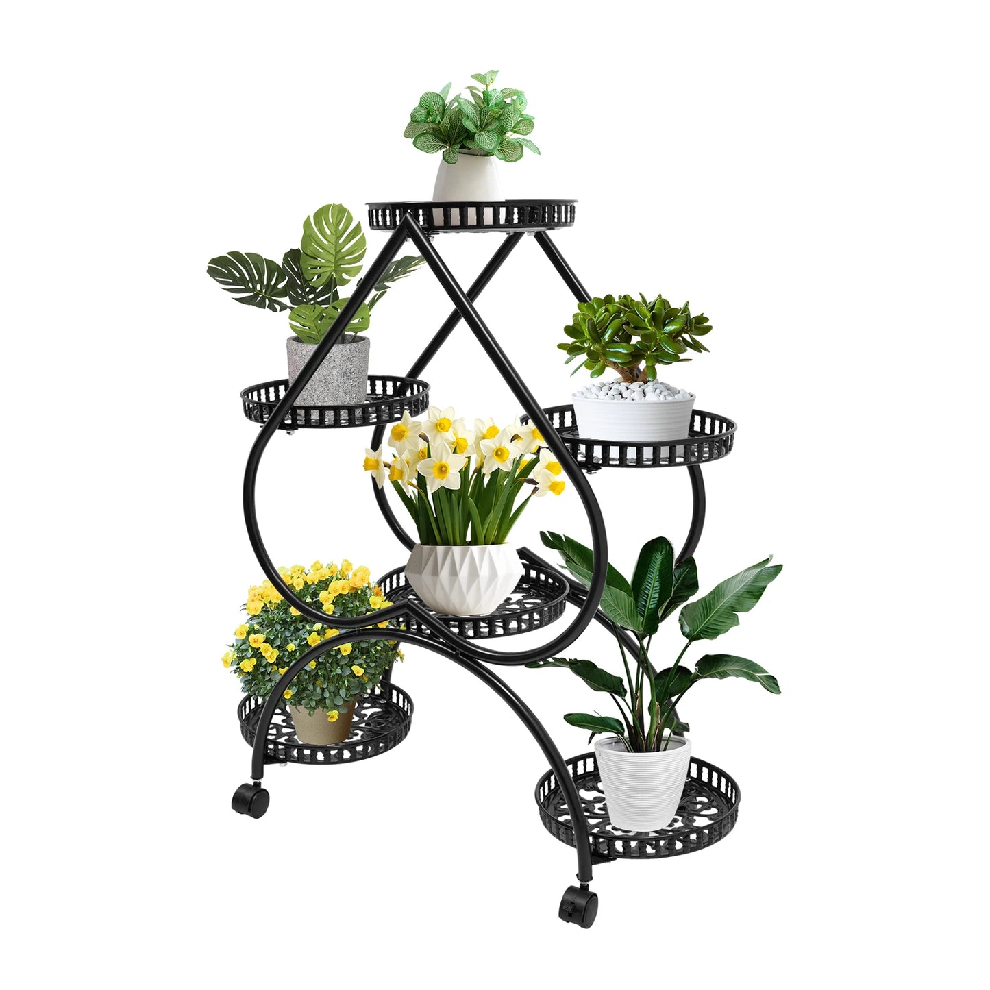 4-Tier Plant Stand with 6 Trays, Iron Frame, Movable and Lockable Wheels for Indoor Gardening and Display