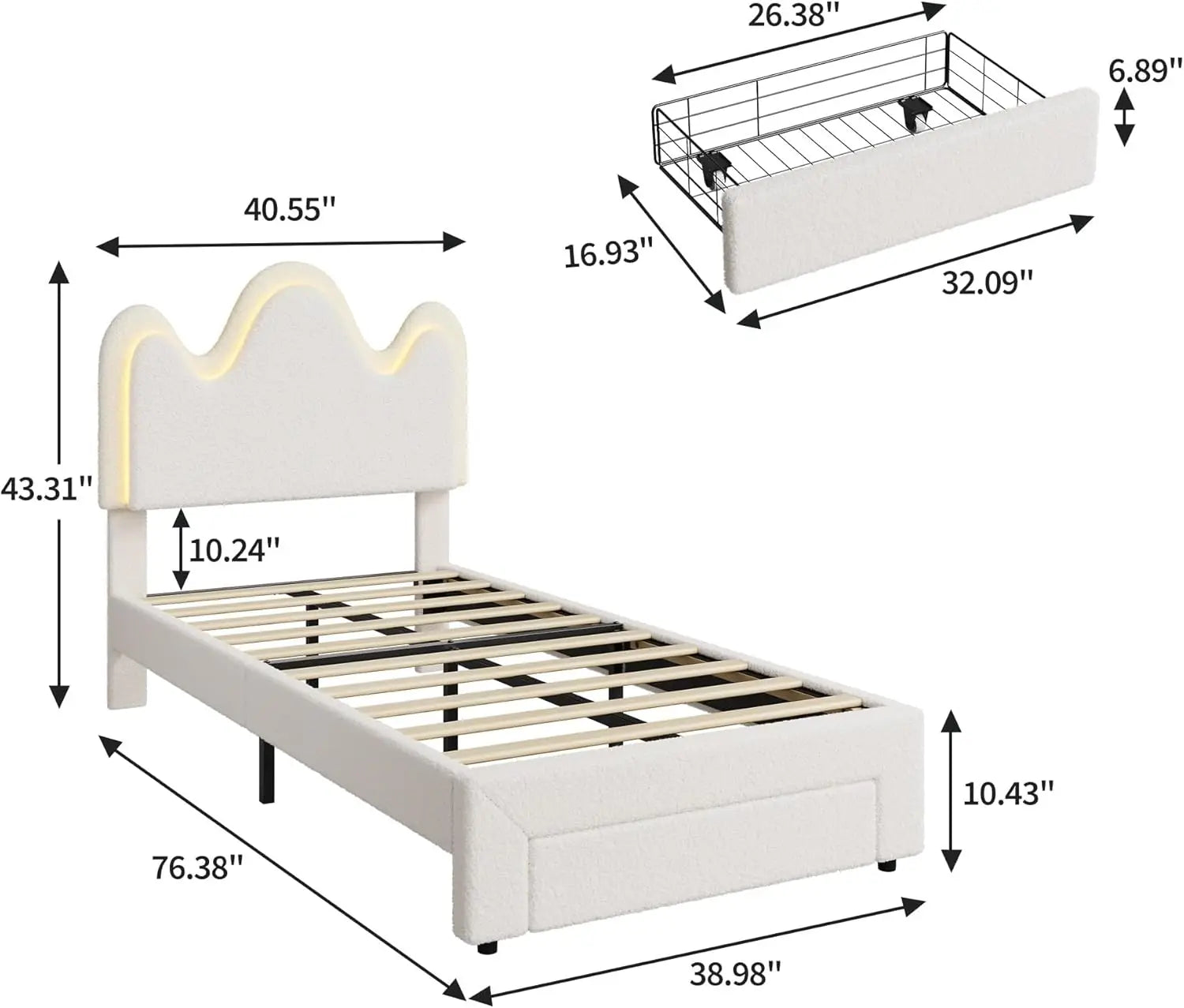 FurnishSpot™ Twin Bouclé Princess Bed Frame with Flower Headboard, LED Lighting & Storage Drawers