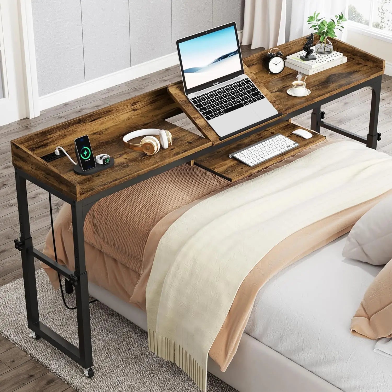 Height Adjustable Overbed Table with Wheels for Queen Size Bed