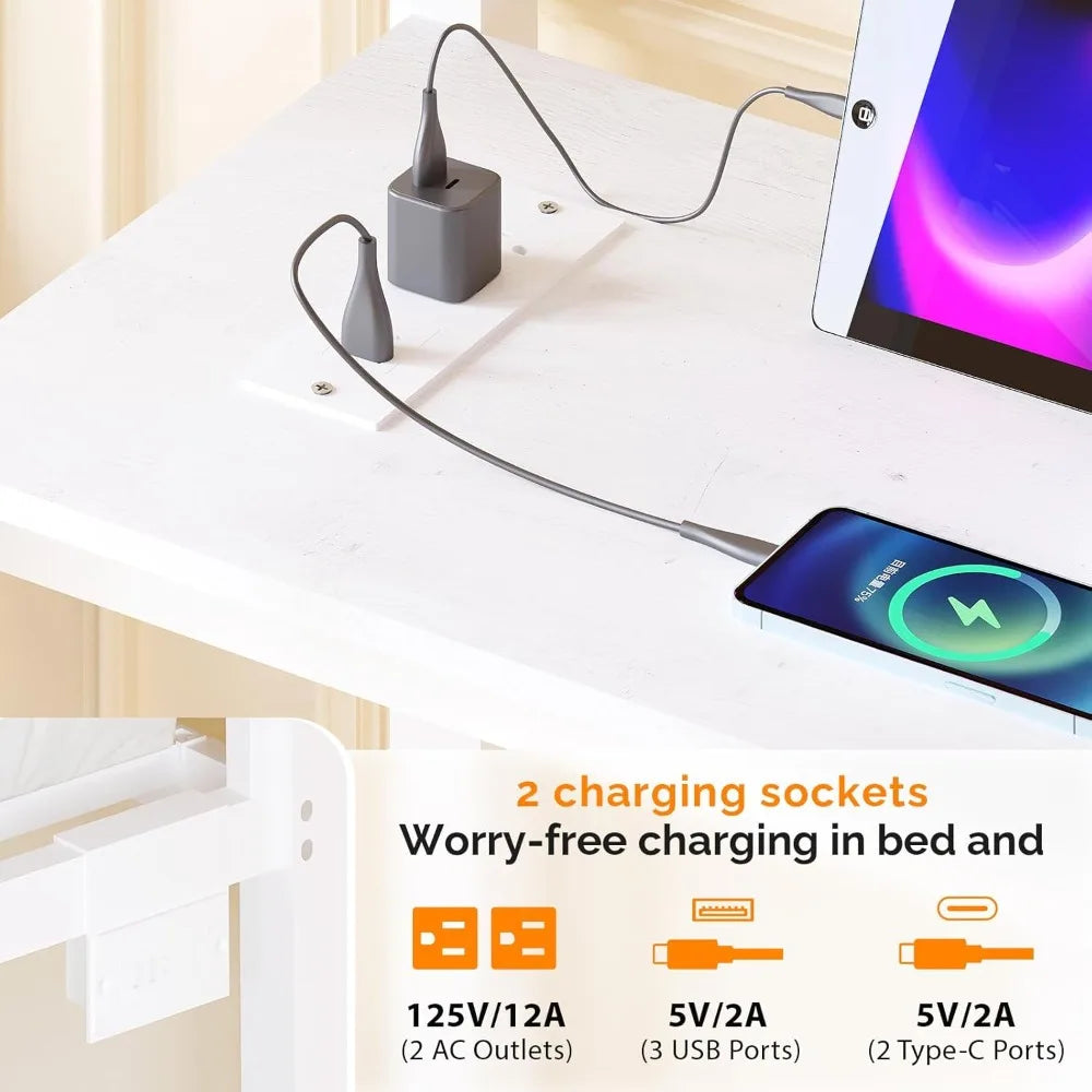 Twin Metal Loft Bed Frame With 15" Safety Guardrail, Non-Slip Ladder, 2 Charging Stations, L-Shaped Desk, and Storage Shelves