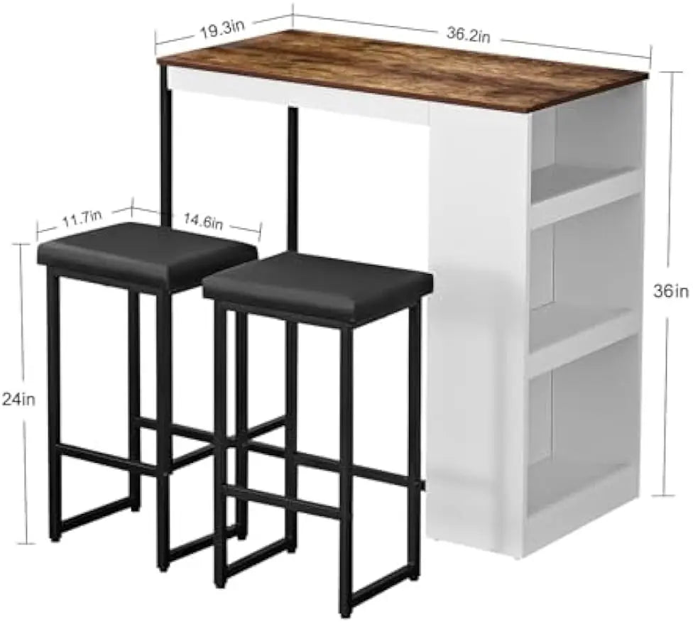 FurnishSpot® 3-Piece Counter Height Dining Table Set with Storage Shelves & Padded Stools – Small Space Kitchen Bar Table