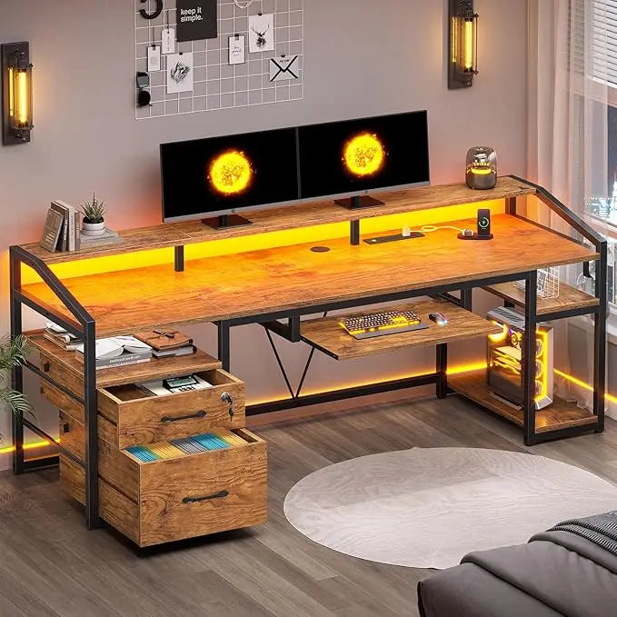 63" Computer Desk, Office Desk with Lockable Drawers for Legal/Letter File, Gaming Desk with LED Lights & Power Outlet, Home Of