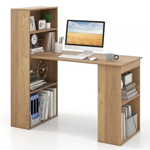 48 Inch Computer Desk with Bookshelf Reversible Study Writing Desk with Storage Shelves CPU Stand Compact Office Desks & Worksta