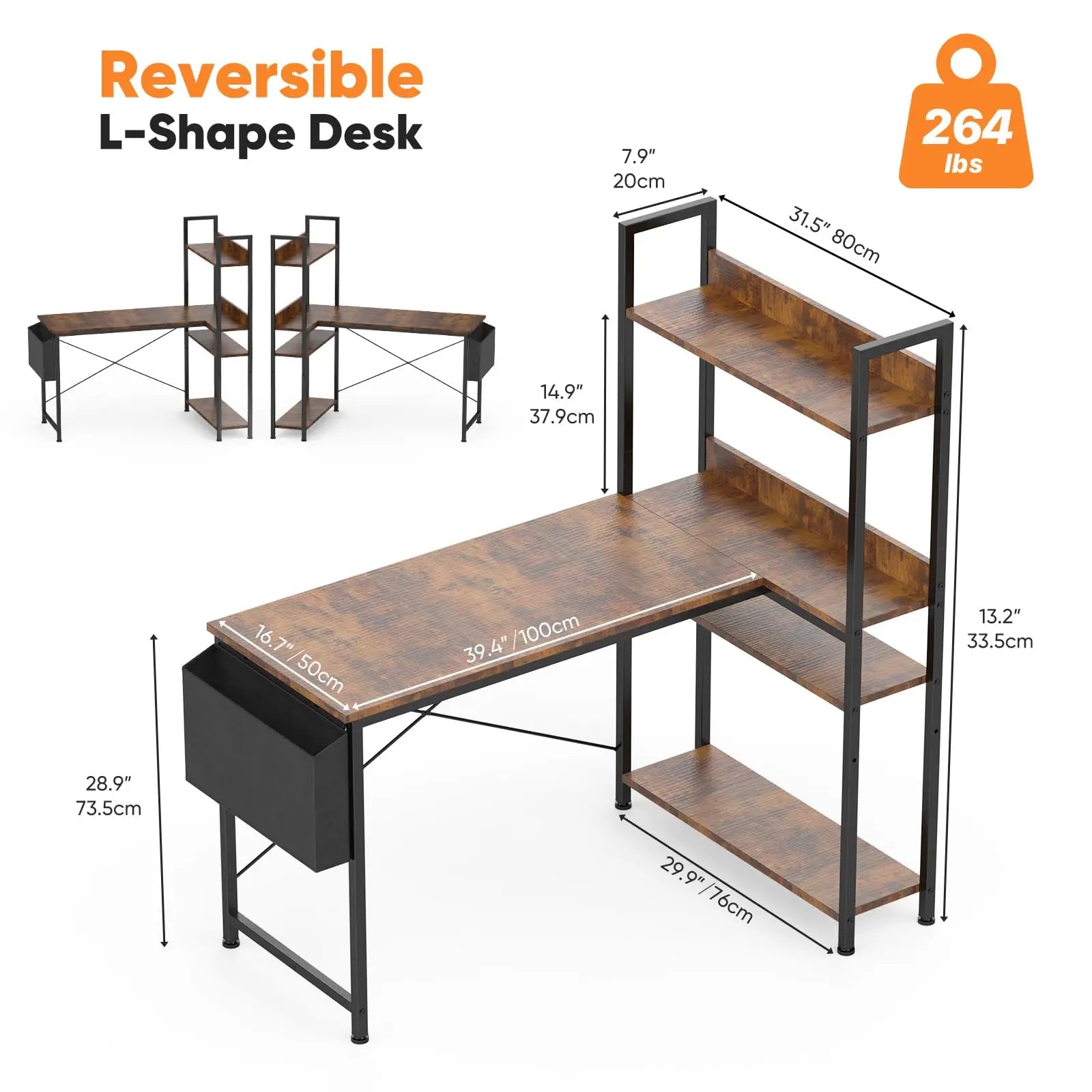 FurnishSpot SpaceSmart™ L-Shaped Computer Desk with Bookshelf & Storage