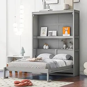 Full Murphy Bed with Storage Shelves, Drawers, LED Light, and Flexible Slats Support