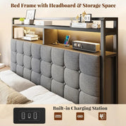 Full Size Bed Frame with Headboard and 60" W Bed End Stool, 2 Drawers & LED & Charging Port