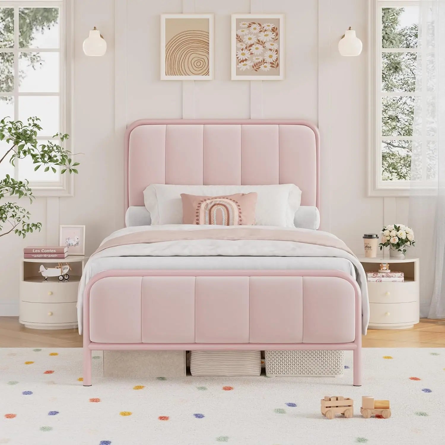 Twin Size Upholstered Pink Bed Frame with Button Tufted Headboard
