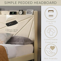 Upholstered Bed Frame w/Charging Station&2 Storage Drawers, Upholstered Headboard Platform Bed, No Box Spring Needed, Beds Frame