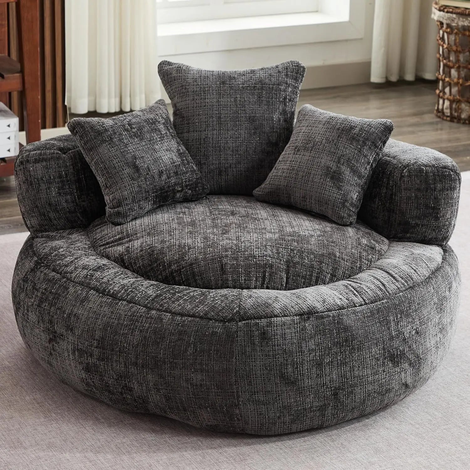 Giant Bean Bag Couch Chairs for Adults, Oversized Lazy Sofa with Memory Foam Filling and 3 Pillows, Soft Chenille Bean Bag Couch