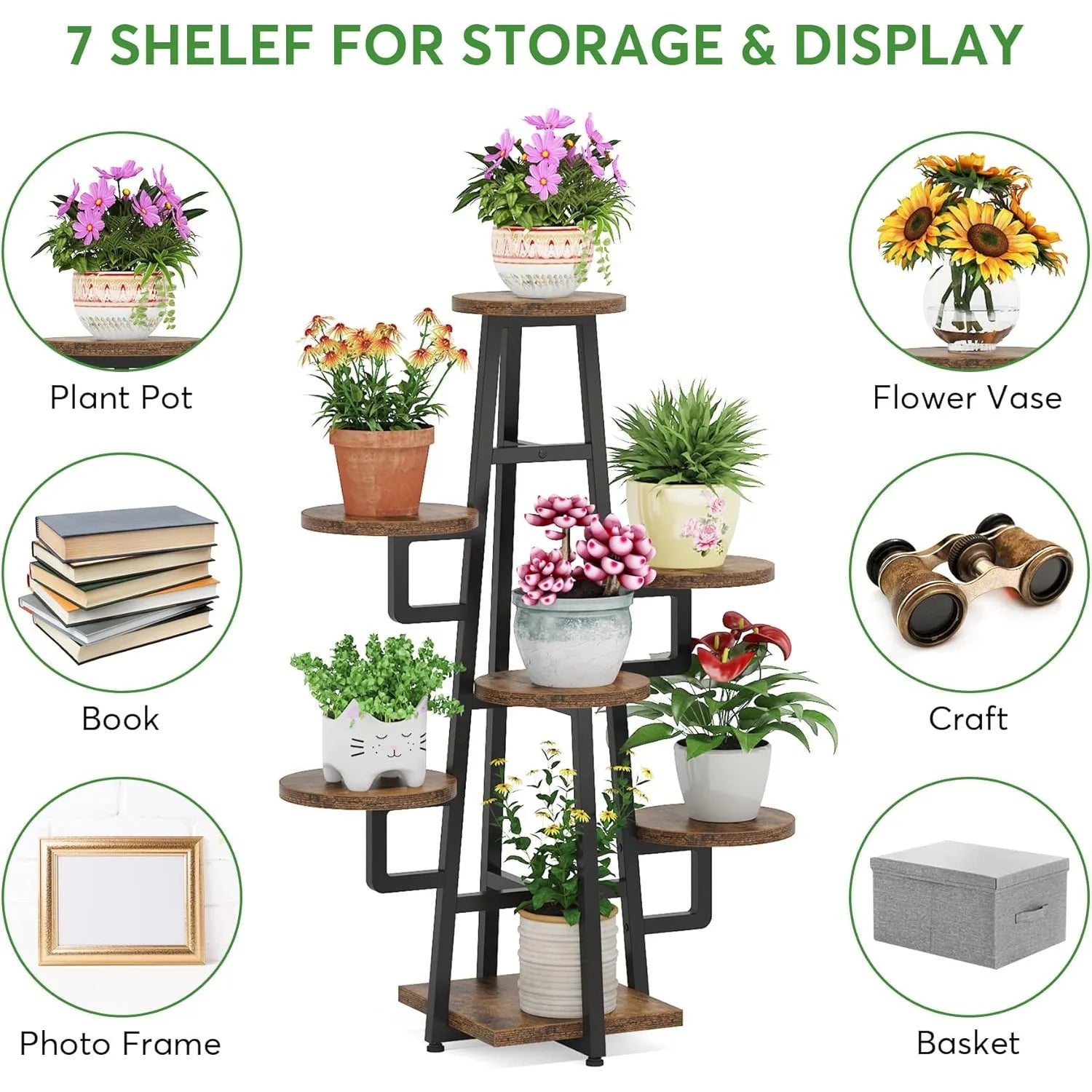 7 Tier Display Stand, Wooden Corner Plant Pots Holder  ,Tall Shelf Planter Organizer for Living Room Balcony Garden