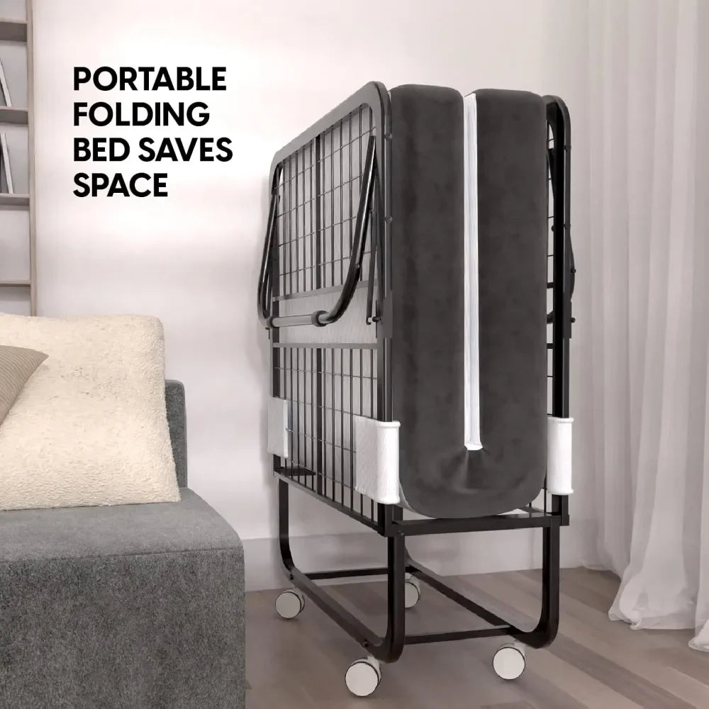 Folding Bed with Mattress - 75x31 Cot Size Frame - Portable Rollaway Guest Bed with 5-inch Memory Foam Mattress - Space-Saving