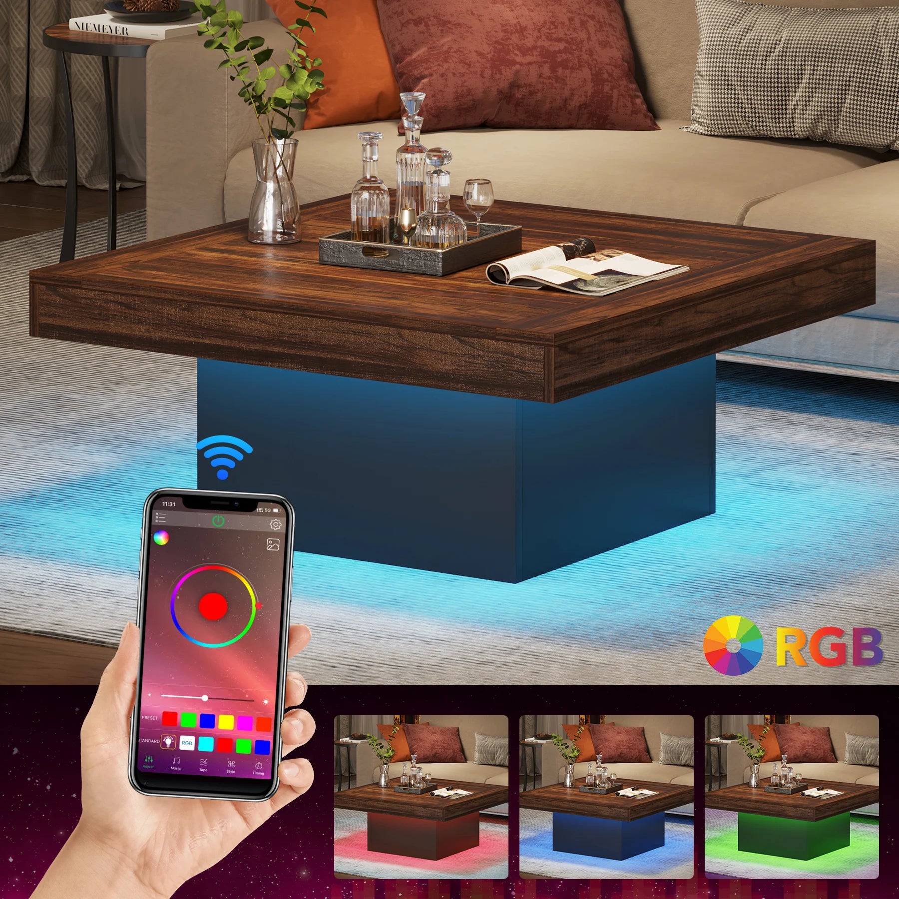 FurnishSpot Square Wooden Coffee Table – Modern Minimalist Coffee Table for Living Room