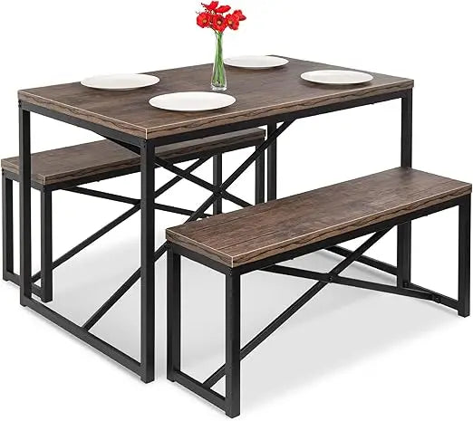 45.5in 3-Piece Bench Style Dining Furniture Set, 4-Person Space-Saving Dinette for Kitchen, Dining Room w/ 2 Benches, Table - L