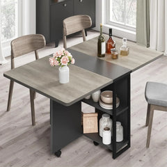 Folding Dining Table, Drop Leaf Dining Table for 4, Foldable Kitchen Table with 6 Wheels and 2 Storage Shelf, Space Saving Tabl