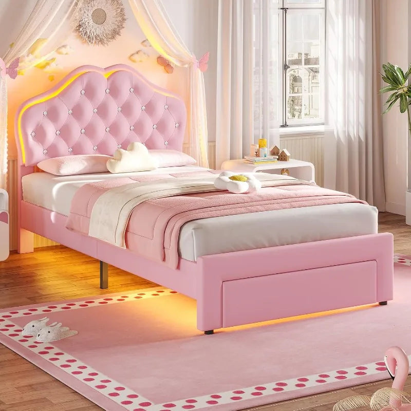 Twin Size Girl Bed with Storage Drawer,Upholstered Platform Bed,Adjustable Headboard with Velvet Crystal Button Princess BedPink
