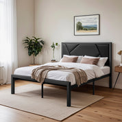 HOOMIC Metal Bed Frame with Upholstered Headboard, Litchi Grain Faux Leather Design, Easy Assembly, No Box Spring Needed Allewie