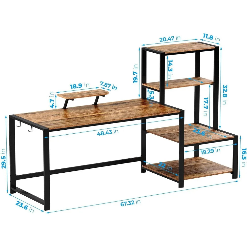 Computer desk with storage printer rack, home office desk, monitor stand with 2 headphone hooks for learning, writing, andgaming