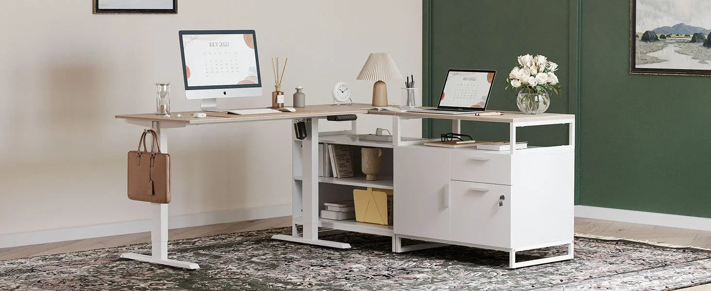 L-Shaped Executive Standing Desk with File Cabinet and Shelves, Electric Height Adjustable, Light Walnut