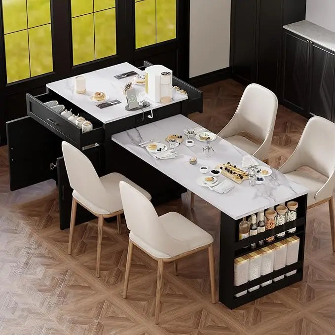 74.5" Kitchen Island with Extendable Dining Table,Rolling Kitchen Island on Wheels, Storage Cart with 4 Door Cabinet, Spice Rac