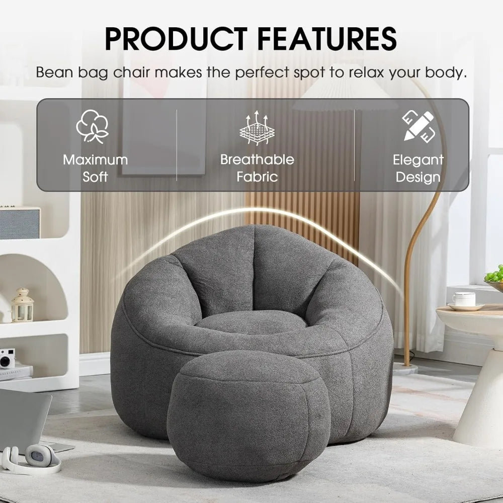 Bean Bag Chair for Adult, Microfiber Upholstered Bean Bag Sofa with Petal Back, Shell-Shaped Beanbag Chair with Footstool