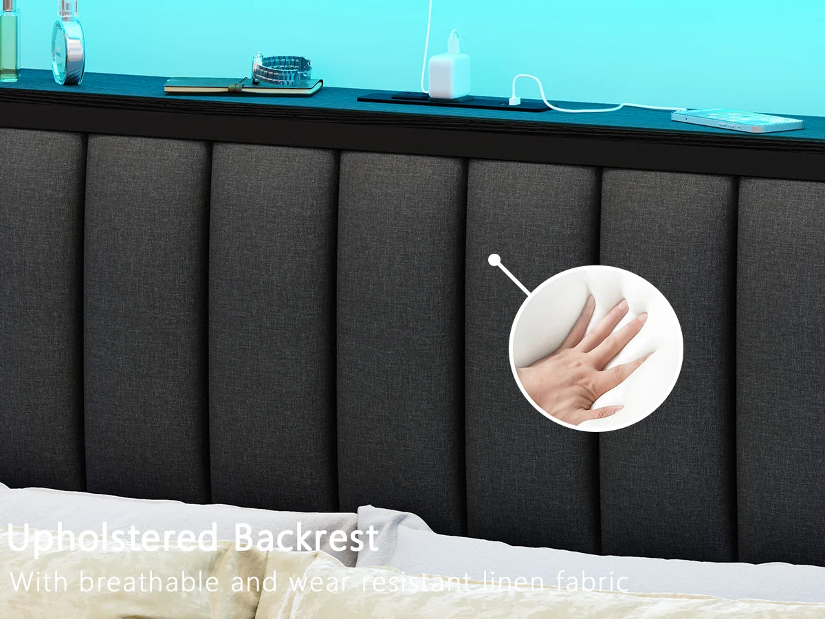 Full/Queen size bed frame with charging station, LED bed frame, headboard with frame, platform bed frame, soft cushion bed frame