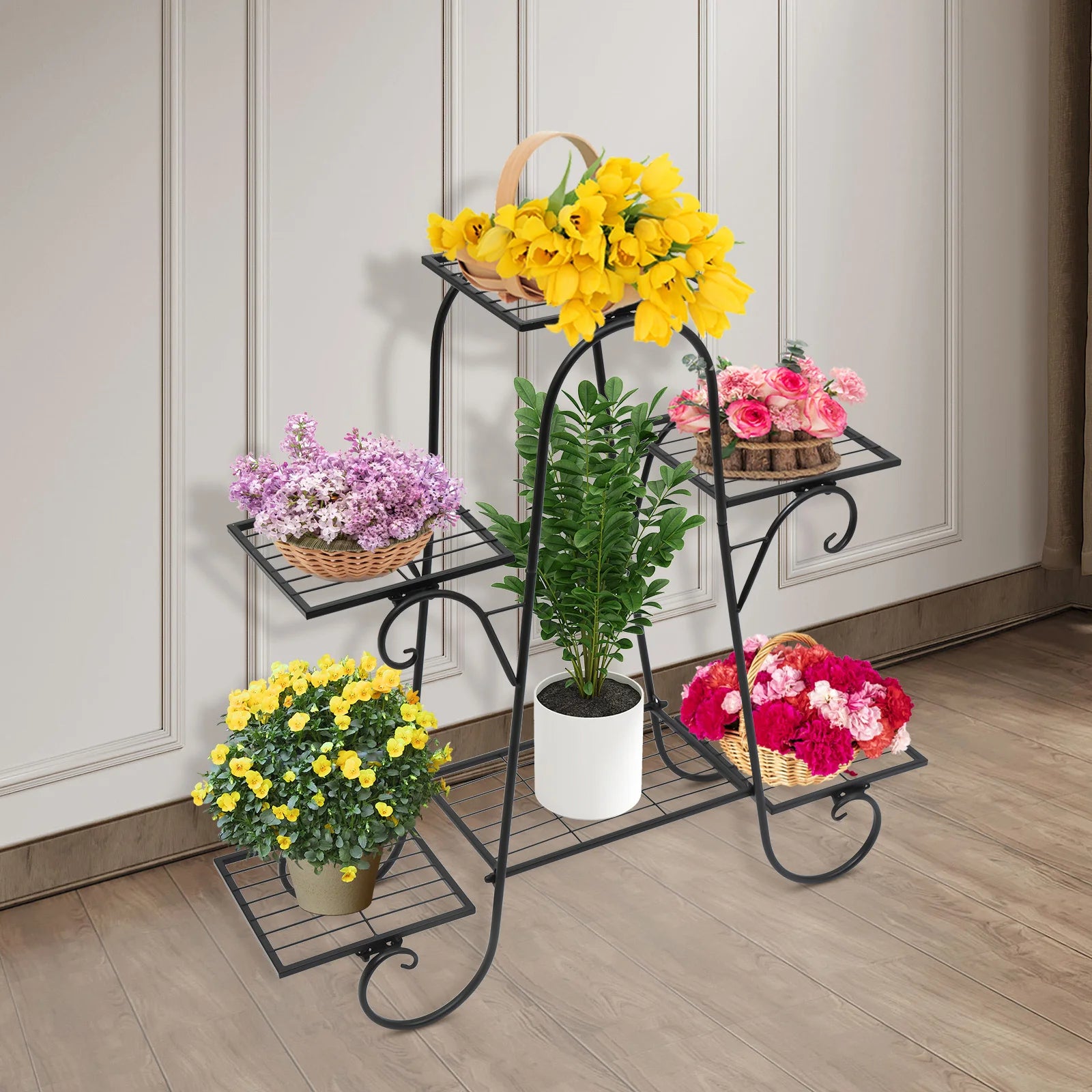 Modern Nordic Style Iron Square Plant Stand, 6-Tier Black Baking Lacquer Shelf, Holder for Plants Decor, Max Load 10kg per Tier