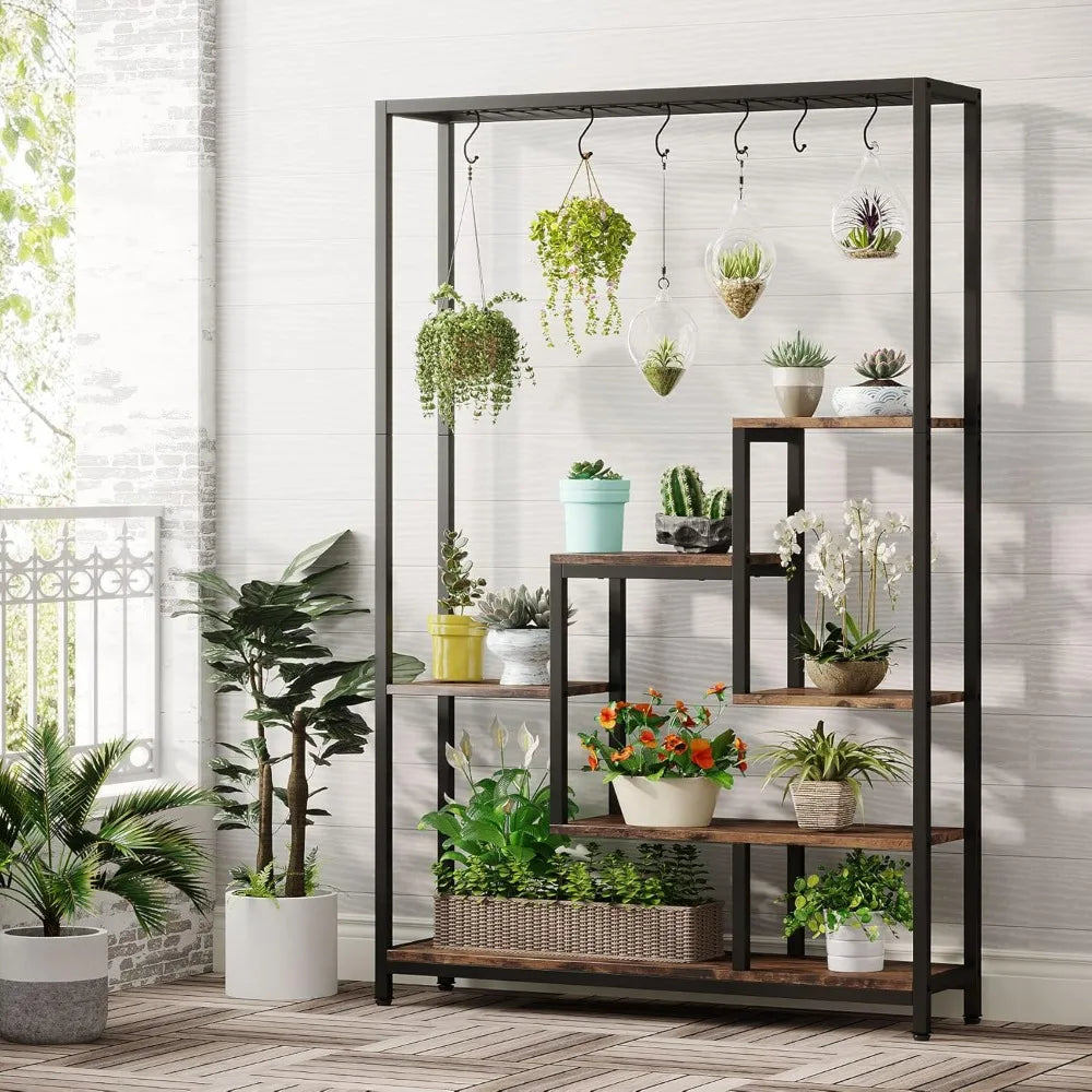 Indoor Plant Stand, 70.9 inches Large Metal Plant Shelf with 6PC S Hanging Hooks