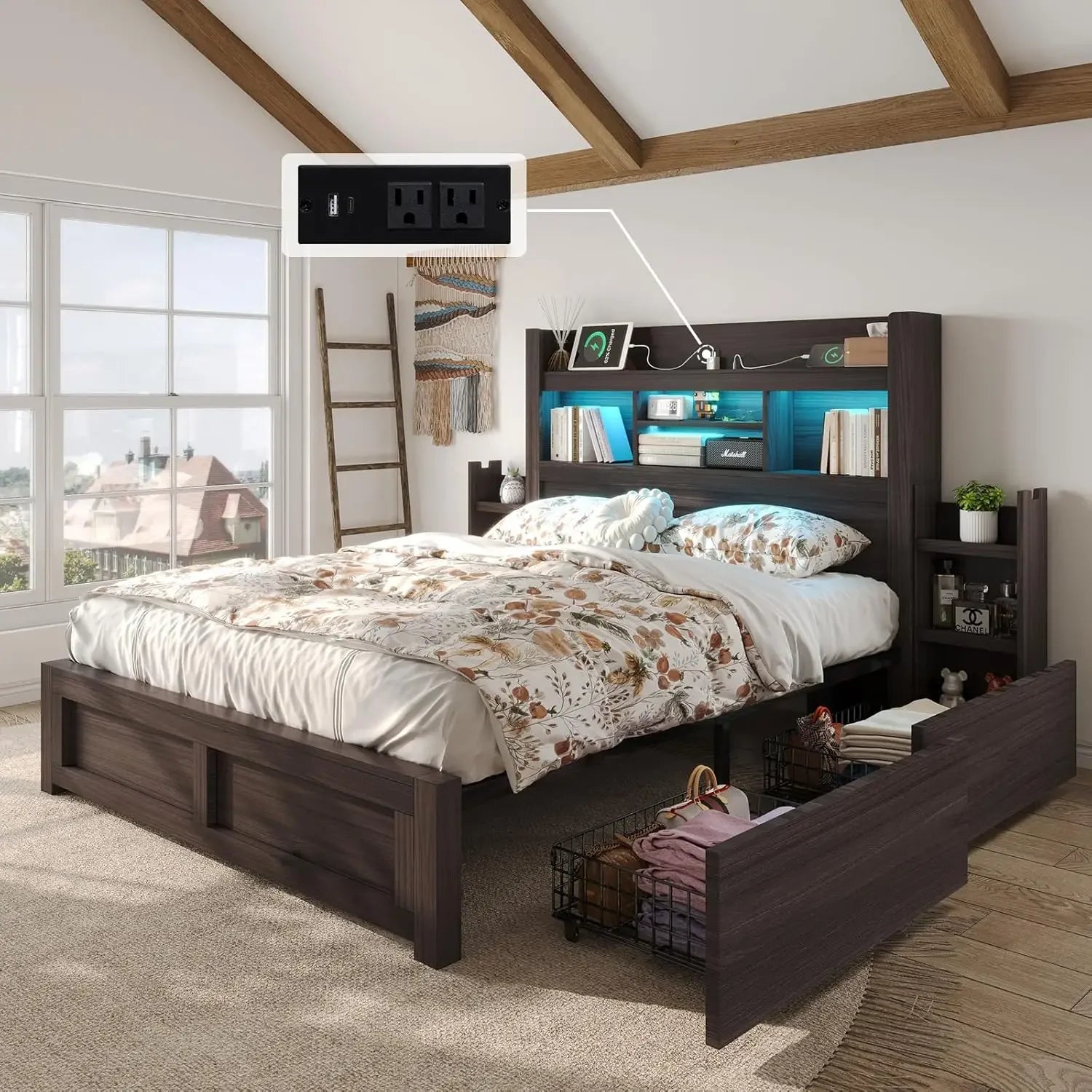 Queen Bed Frame with 49.6" Bookcase Headboard & 2 Bedside Stoage Racks & 4 Drawers, Farmhouse Wood Bed Frame