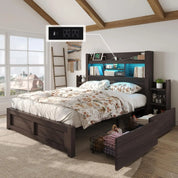 Queen Bed Frame with 49.6" Bookcase Headboard & 2 Bedside Stoage Racks & 4 Drawers, Farmhouse Wood Bed Frame