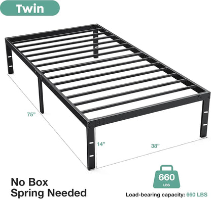 14 Inch High Full-size bed frame - Large heavy-duty metal platform beds frames w/storage space at the bottom, Full bed frame