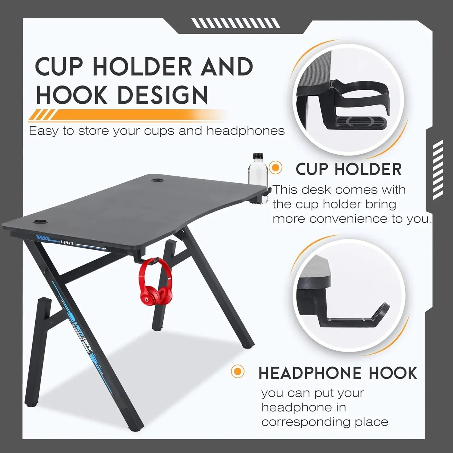 47 Inch Home Office Desk Extra Large Modern Ergonomic  PC Carbon Fiber Table Gamer Workstation with Cup Holder Headphone Hook