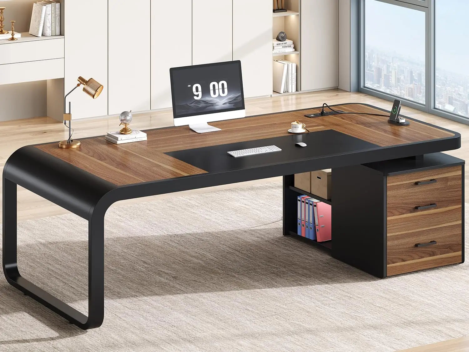 FurnishSpot® Modern Executive Desk with Storage Cabinet, File Drawer & Built-In Charging Station