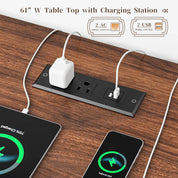 63" Farmhouse Style Computer Desk with Drawers, Storage Shelves and Power Outlets, Home Office Desks with Long Monitor Stand fo