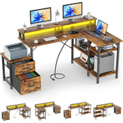 FurnishSpot® Reversible L-Shaped Computer Desk with LED Monitor Stand, Storage & Charging Station