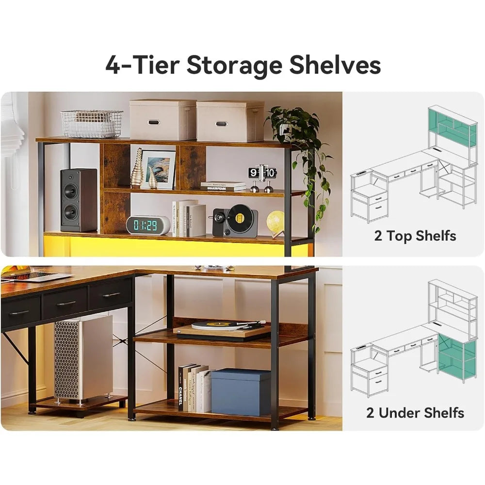 79 Inch L Shaped Desk with File Drawers, Reversible L Shaped Gaming Desk with Power Outlets & LED Lights, Computer Desk