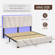 King Size Bed Frame with Velvet Headboard and LED Lights， Storage Headboard Platform Bed with Charging Station