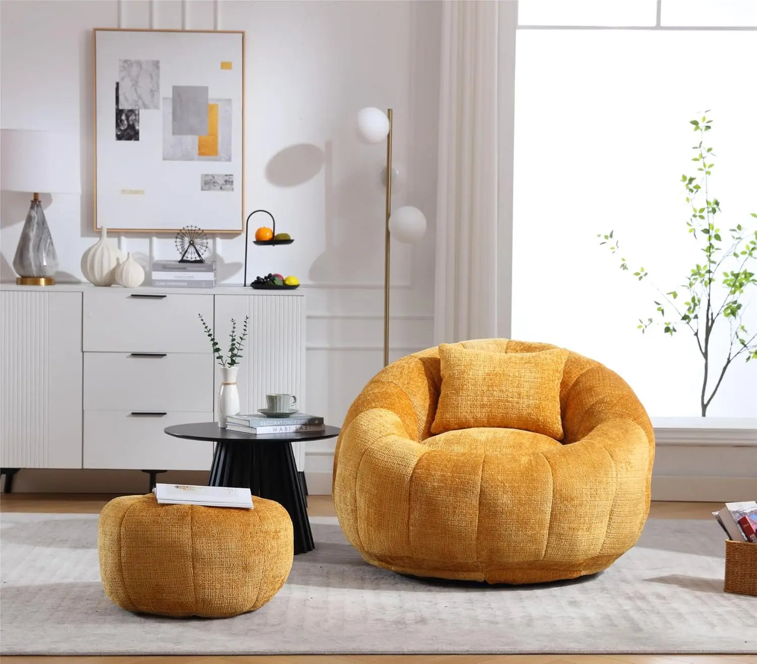Modern Extra Large Round Bean Bag Chair with Footrest – Stylish Chenille Fabric, High-Density Memory Foam, Ultimate Comfort