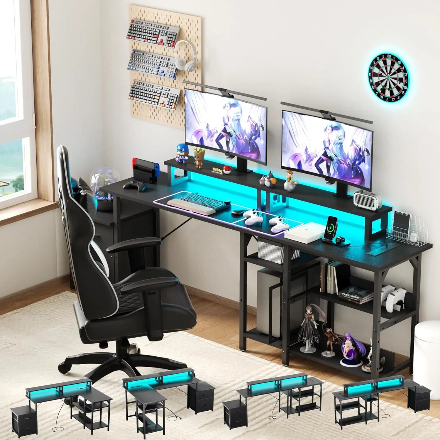 FurnishSpot® Reversible L-Shaped Computer Desk with LED Monitor Stand, Storage & Charging Station