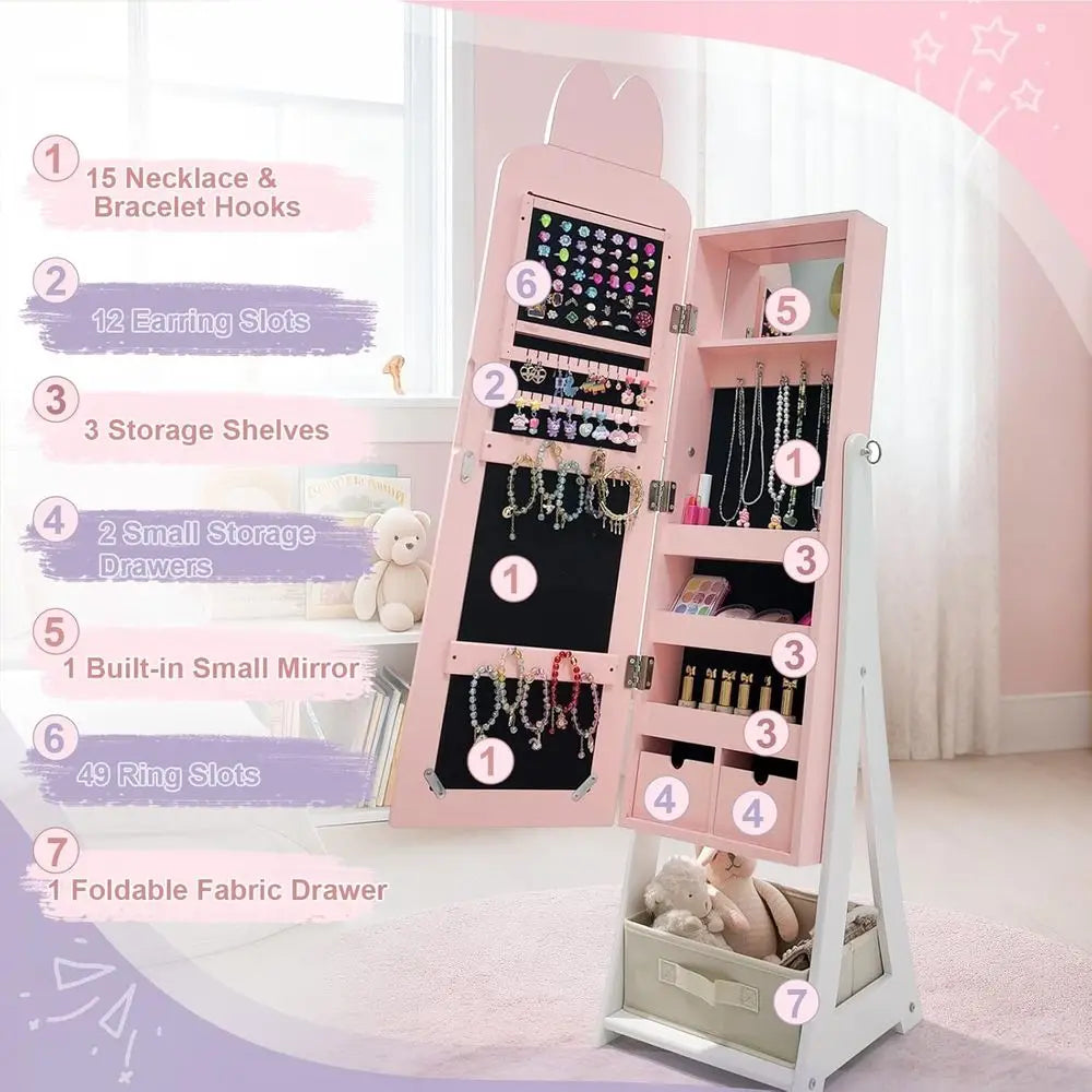 Children's Pink Rabbit-Themed Armoire with Removable Drawers and Full-Length Mirror