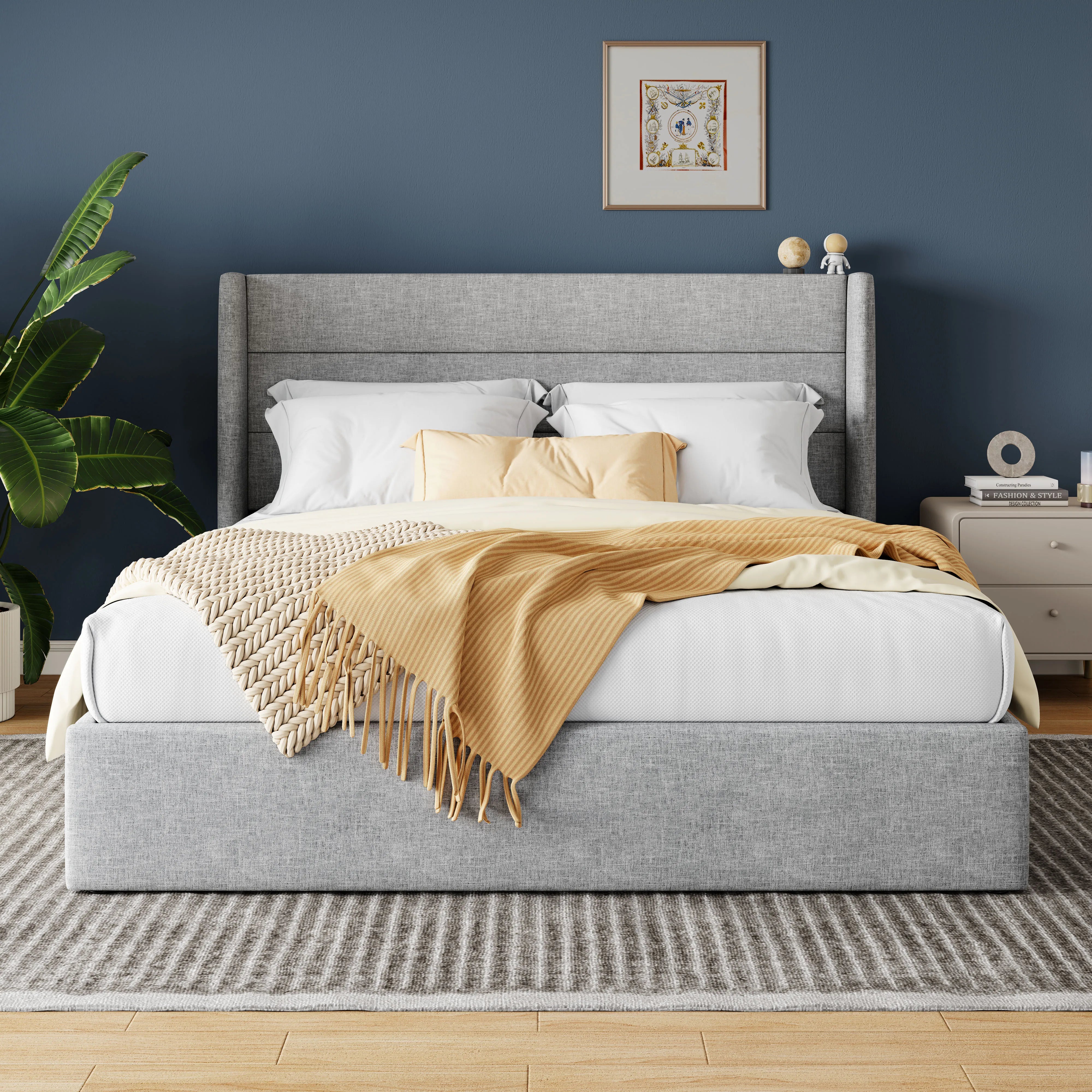 Lift Up Storage Bed with Wingback Headboard and Large Underneath Storage