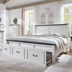 Farmhouse King Size Bed Frame with 51" Tall Headboard, Wood Platform Bed Frame 20" Tall Roman Column Decoration Footboard(White)