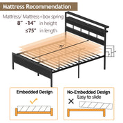 Satifur Full/Queen Size Bed Frame with LED Light and Charging Station, Wood Storage Headboard with 2-Tier Shelves,Metal Platform