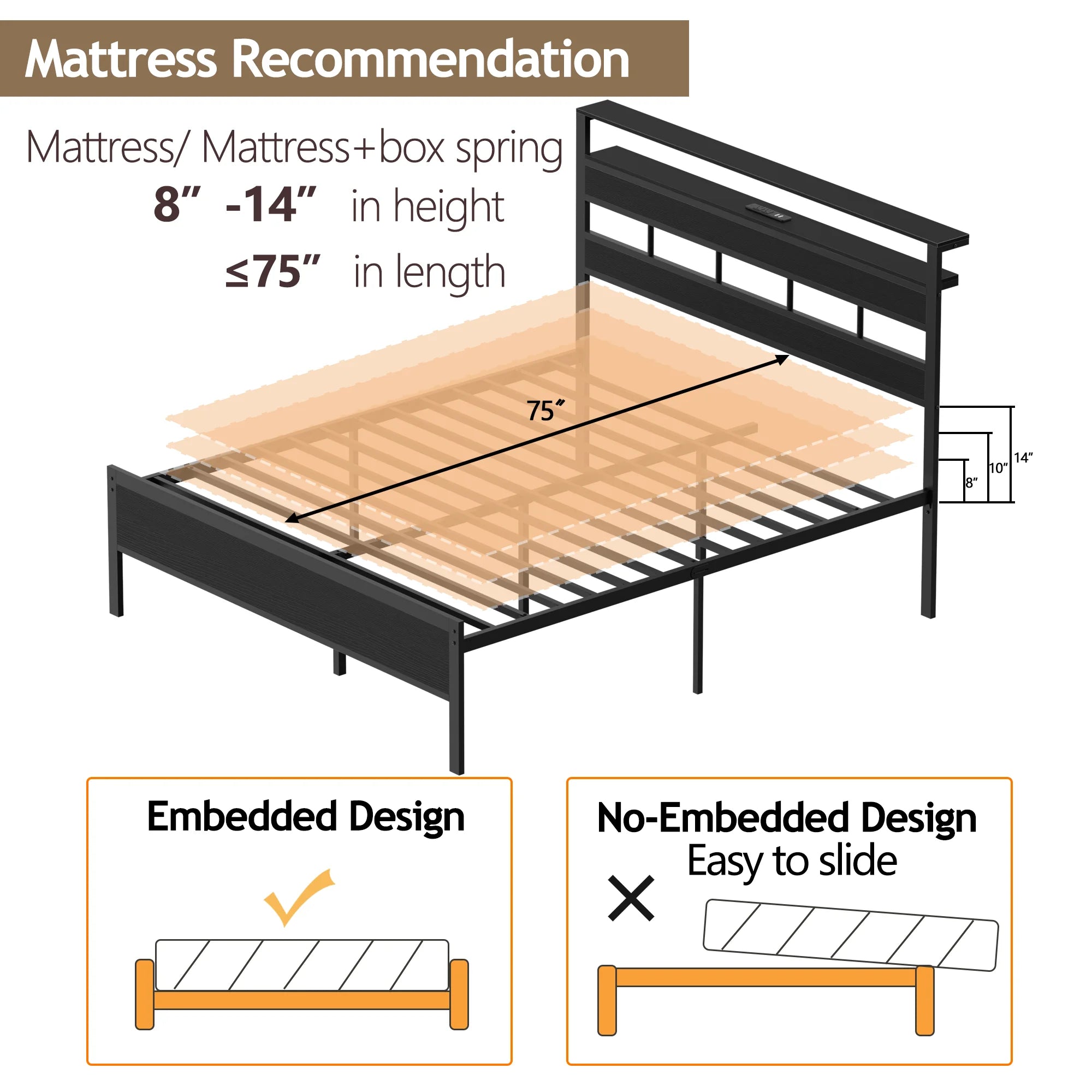 Satifur Full/Queen Size Bed Frame with LED Light and Charging Station, Wood Storage Headboard with 2-Tier Shelves,Metal Platform