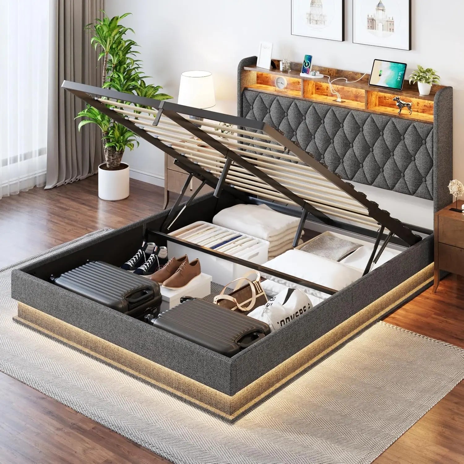 Full Bed Frame with Storage, LED Lights, and Charging